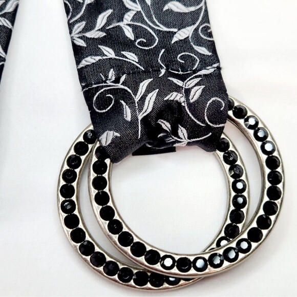 Vtg Y2K Express Womens Belt Sz Sm 34" 100% Silk Black Silver Rhinestone Buckle - Picture 2 of 9